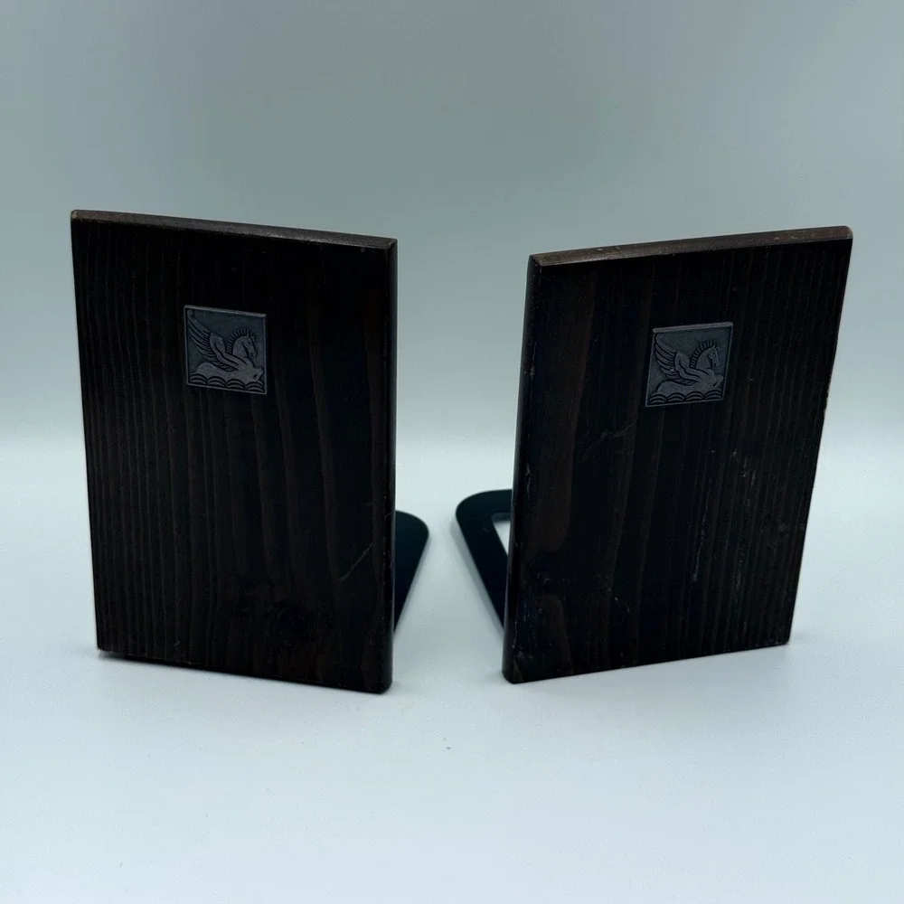 Vintage Mid Century Modern Pegasus Wood Bookends MCM Dark Brown Silver Set of 2